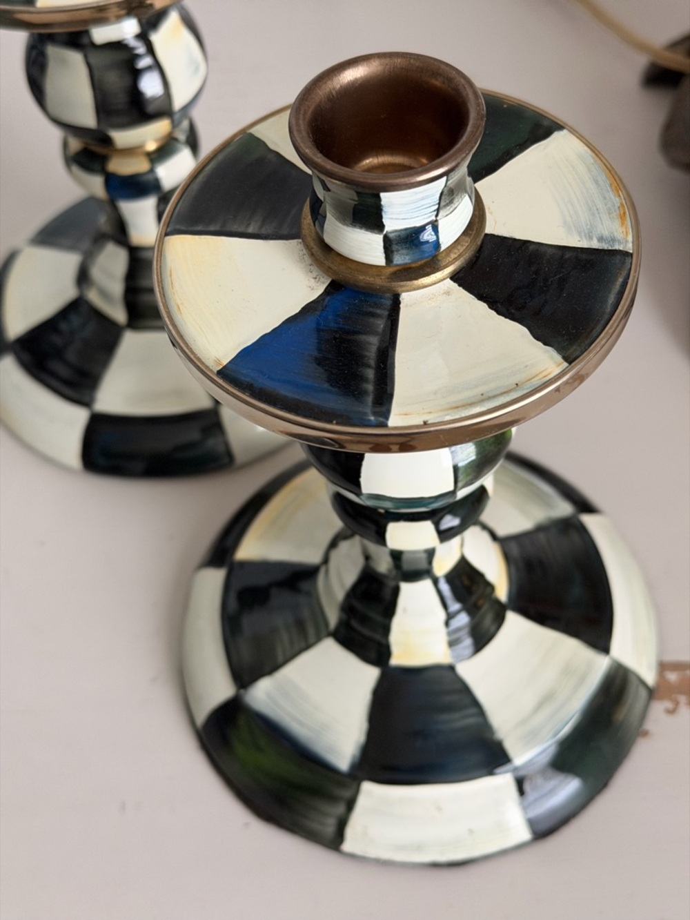 Mackenzie Childs Enamel Candlesticks Courtly Check Black and White 8 inches - Picture 2 of 6